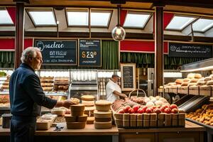 une homme est permanent dans de face de une boulangerie avec pain et autre aliments. généré par ai photo