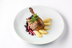 canard jambe cuit avec pommes et groseille sauce sur blanc assiette fermer vue de au-dessus de. photo