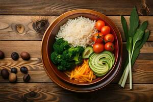 une bol de riz, brocoli, tomates, et autre des légumes. généré par ai photo