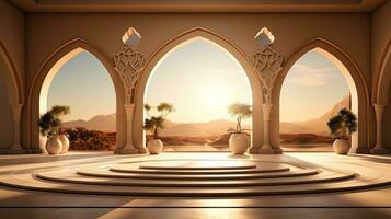 Contexte pour le islamique vacances de Ramadan dans une minimaliste style, avec une podium, avec lumière du soleil, dans lumière beige délicat nuances et éléments de la nature. ai généré photo