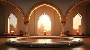 podium Contexte dans Ramadan vacances minimalisme style . Oriental arabe conception avec nuances de beige couleurs. ai génératif photo