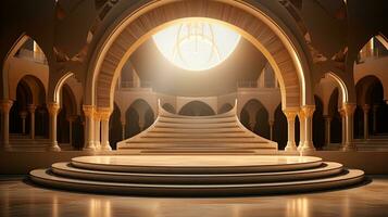 podium Contexte dans Ramadan vacances minimalisme style . Oriental arabe conception avec nuances de beige couleurs. ai génératif photo