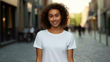 femme posant et portant blanc tee chemise maquette placement sur le rue. chemise maquette modèle photo