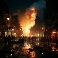 arabe-israélien guerre, explosions dans le ville à nuit, explosions dans Palestine - ai généré image photo
