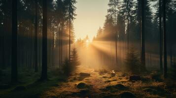 lever du soleil dans le brumeux forêt photo