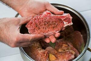 proche en haut de chefs mains épicer le Viande photo