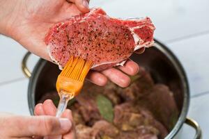 proche en haut de chefs mains épicer le Viande photo