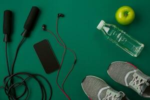 des sports accessoires pour aptitude sur le vert sol. en bonne santé mode de vie concept. photo