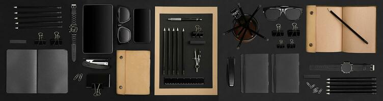 Bureau bureau avec divers noir objets sur Contexte photo