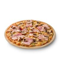 Frais Pizza avec champignons, jambon, fromage sur blanc Contexte. copie espace. Haut voir. photo