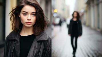 proche en haut portrait de magnifique Jeune femme dans noir manteau en marchant sur le rue génératif ai photo