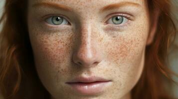 portrait de une roux fille avec taches de rousseur sur sa visage génératif ai photo