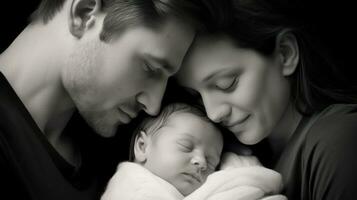 mère et père avec leur nouveau née bébé. noir et blanc image. génératif ai photo