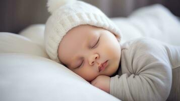 mignonne peu bébé garçon en train de dormir dans une blanc tricoté chapeau. génératif ai photo