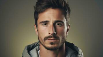 portrait de Beau Jeune homme avec barbe et moustache à la recherche à caméra génératif ai photo