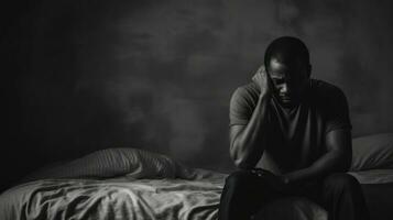 homme dans la dépression séance sur le lit. noir et blanc photo. génératif ai photo