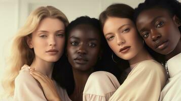 groupe de magnifique femmes avec différent peau couleur. beauté, mode. génératif ai photo