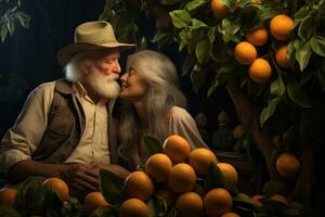 content Sénior couple dans aimer, vieux homme et femme avec des oranges dans le jardin génératif ai photo