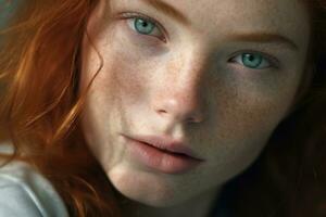 portrait de roux fille avec taches de rousseur sur sa visage génératif ai photo