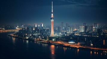 nuit vue de tokyo arbre céleste. génératif ai photo