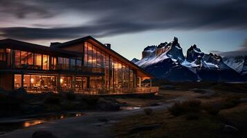 nuit vue de torres del paine Hôtel. génératif ai photo