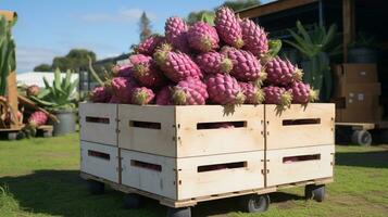 fraîchement choisi pitaya fruit de jardin mis dans le des boites. génératif ai photo