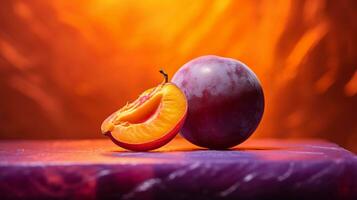 photo de batako prune fruit moitié contre une coloré abstrait Contexte. génératif ai