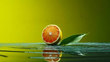 photo de yuzu fruit moitié contre une coloré abstrait Contexte. génératif ai