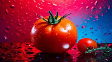 photo de tomate fruit moitié contre une coloré abstrait Contexte. génératif ai