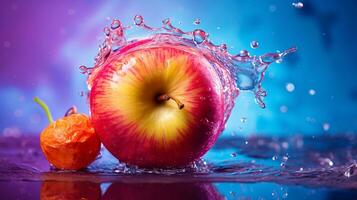 photo de Rose l'eau Pomme fruit moitié contre une coloré abstrait Contexte. génératif ai