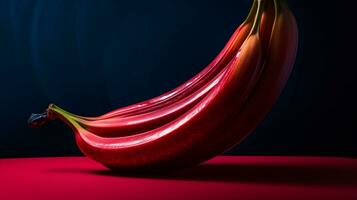 photo de rouge banane fruit moitié contre une coloré abstrait Contexte. génératif ai