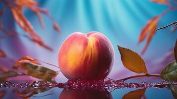 photo de pêche fruit moitié contre une coloré abstrait Contexte. génératif ai