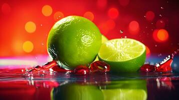 photo de citron vert baie fruit moitié contre une coloré abstrait Contexte. génératif ai