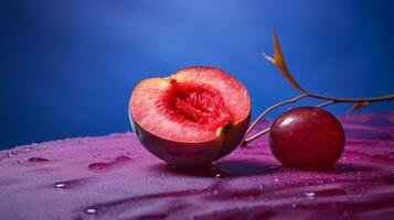 photo de Japonais prune fruit moitié contre une coloré abstrait Contexte. génératif ai