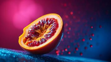 photo de carica fruit moitié contre une coloré abstrait Contexte. génératif ai