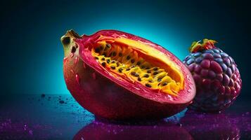 photo de chirimoya fruit moitié contre une coloré abstrait Contexte. génératif ai