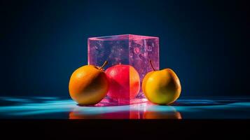 photo de caja fruit moitié contre une coloré abstrait Contexte. génératif ai