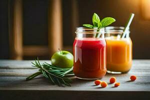 deux pots de jus avec des fruits et herbes. généré par ai photo