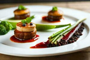 une assiette avec coquilles saint-jacques, brocoli et sauce. généré par ai photo