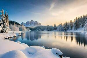 une Lac entouré par neige couvert des arbres. généré par ai photo