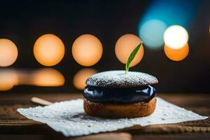 une myrtille muffin avec en poudre sucre sur Haut. généré par ai photo