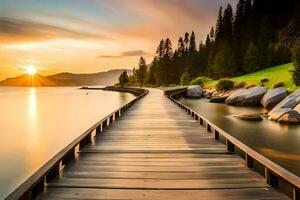 une en bois pont pistes à le l'eau à le coucher du soleil. généré par ai photo