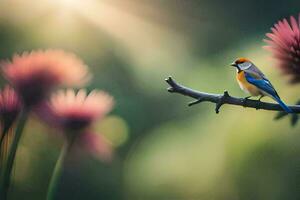 photo fond d'écran le ciel, fleurs, oiseau, nature, le soleil, le fleurs, le oiseau. généré par ai