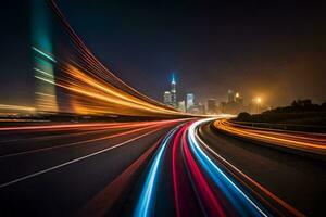 une longue exposition photographier de une Autoroute à nuit avec lumières. généré par ai photo