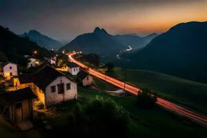 une village à crépuscule avec une route de premier plan à il. généré par ai photo