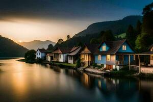 Maisons sur le banques de une rivière à le coucher du soleil. généré par ai photo