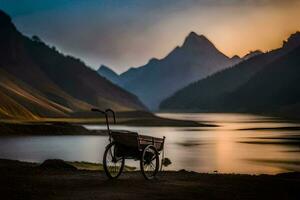 une roue chaise est assis sur le rive de une Lac à le coucher du soleil. généré par ai photo