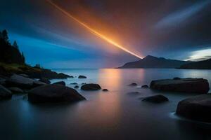 une longue exposition photographier de une brillant lumière brillant plus de une lac. généré par ai photo