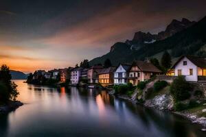 photo fond d'écran le ciel, montagnes, lac, Suisse, le soleil, le montagnes, lac. généré par ai