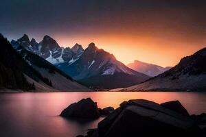 une Lac et montagnes dans le Contexte à le coucher du soleil. généré par ai photo